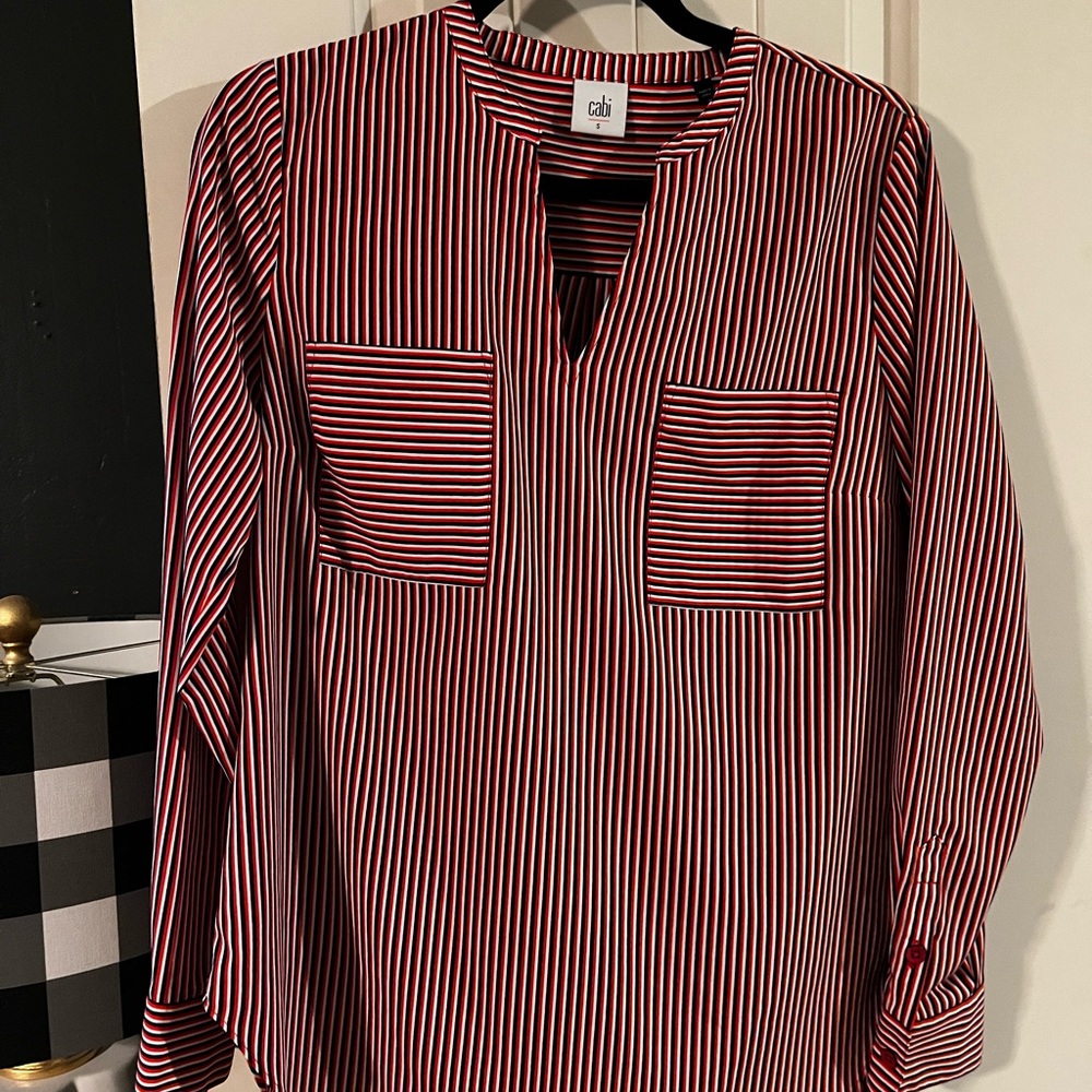 Cabi red white and blue long sleeve blouse